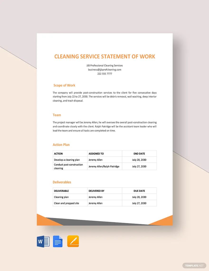 cleaning service statement of work Template
