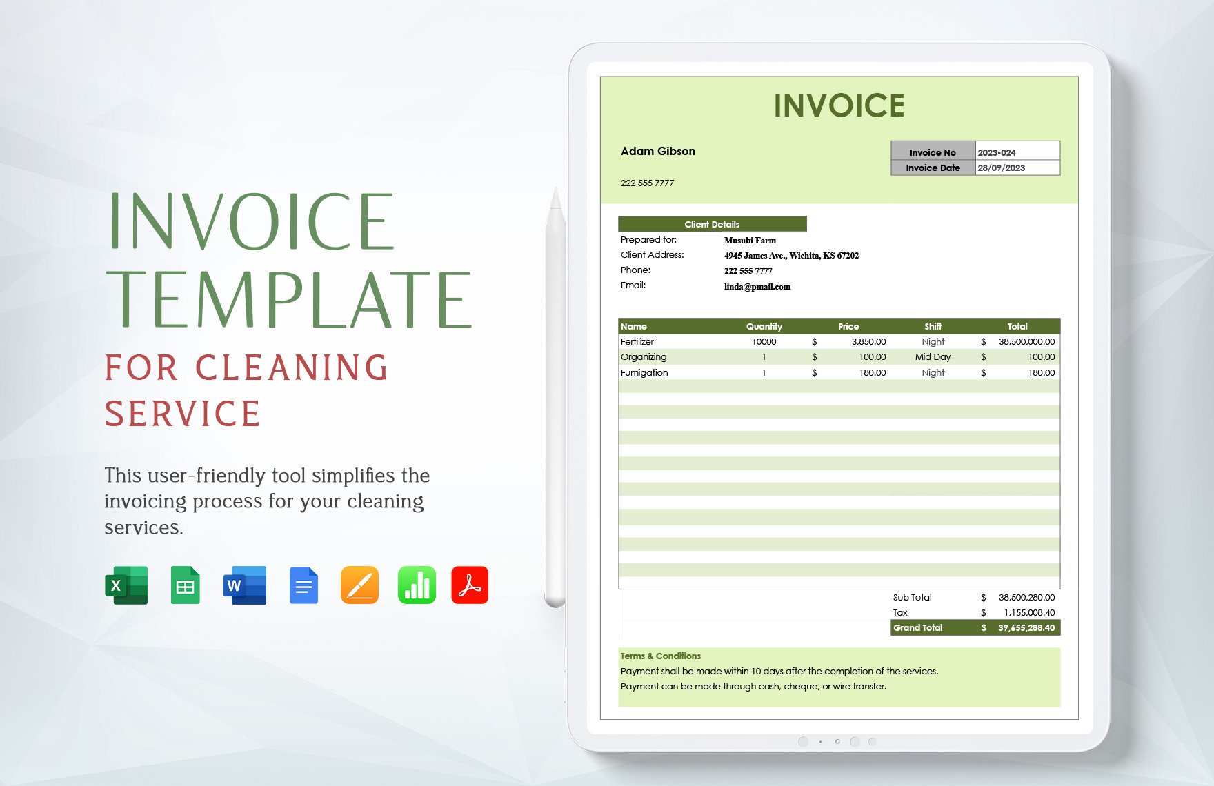 Free Invoice Template for Cleaning Service in Word, Google Docs, Excel, PDF, Google Sheets, Apple Pages, InDesign, Apple Numbers