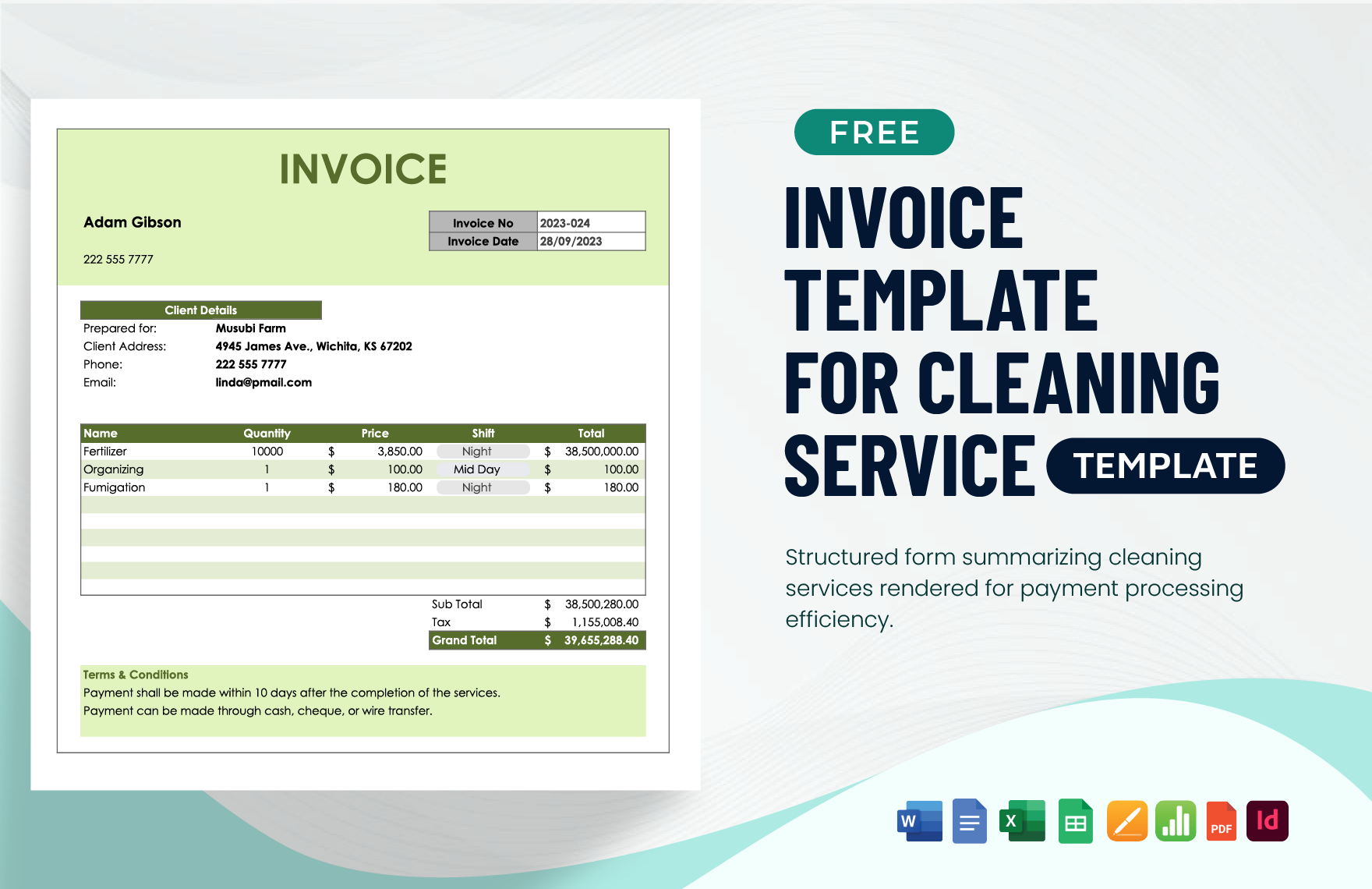 Invoice Template for Cleaning Service Template in Pages, Excel, Google Sheets, Word, Google Docs, PDF, Apple Numbers, InDesign - Download | Template.net