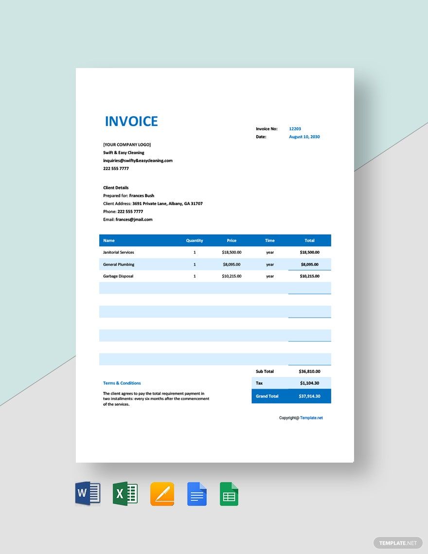 Blank Cleaning Service Invoice Template in Word, Google Docs, Excel, Google Sheets, Apple Pages, Apple Numbers