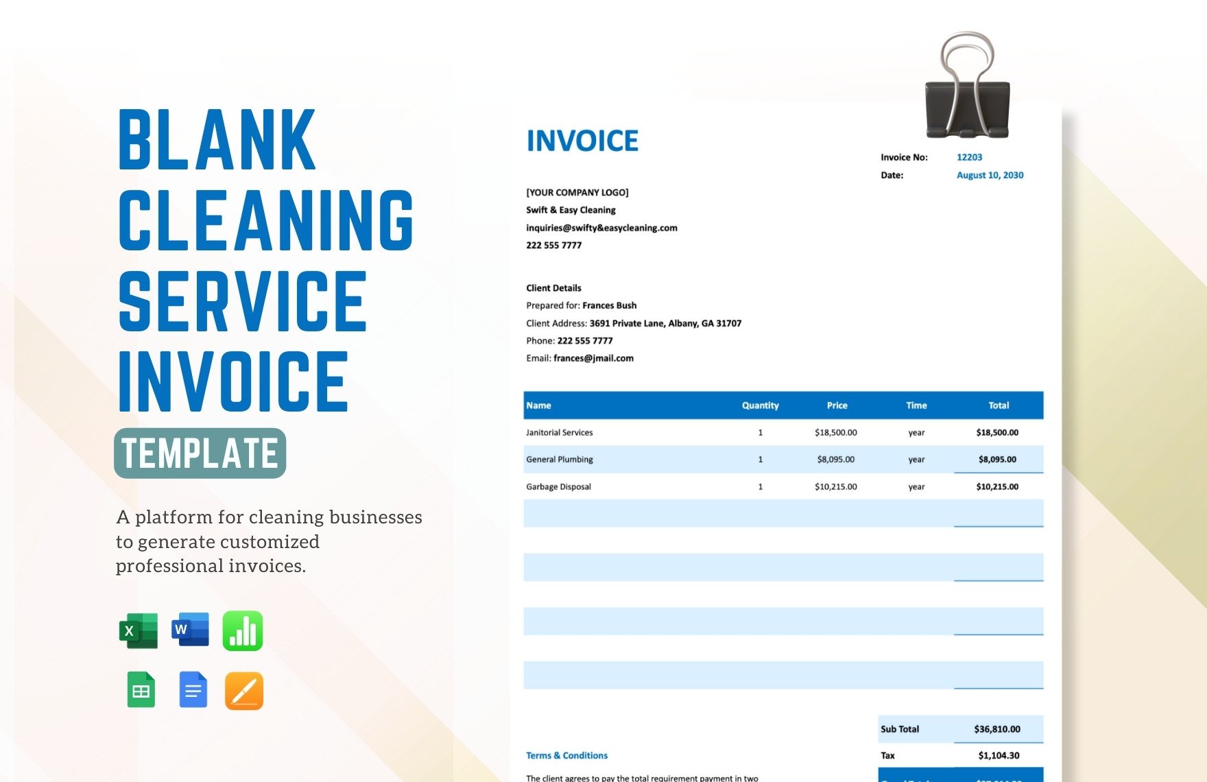 Free Blank Cleaning Service Invoice Template in Word, Google Docs, Excel, Google Sheets, Apple Pages, Apple Numbers