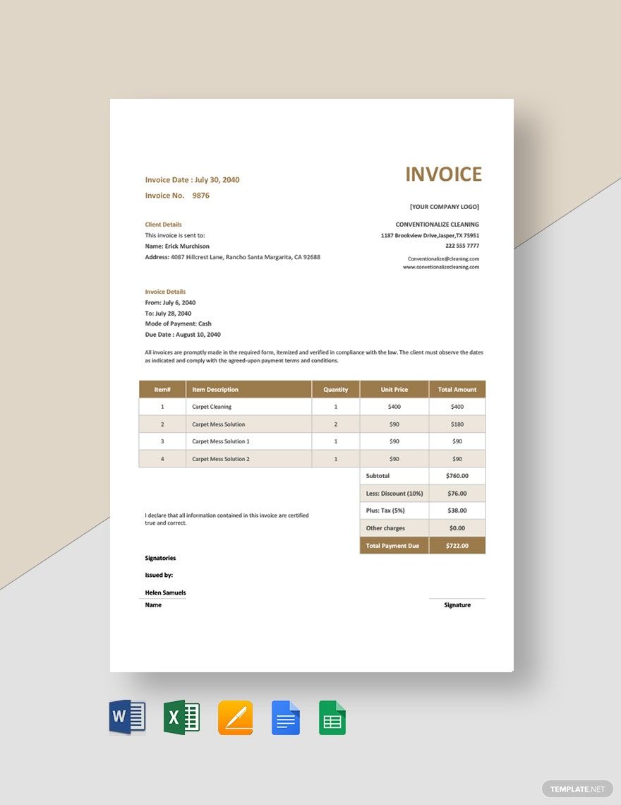 Carpet Cleaning Service Invoice Template in Word Excel Google Sheets