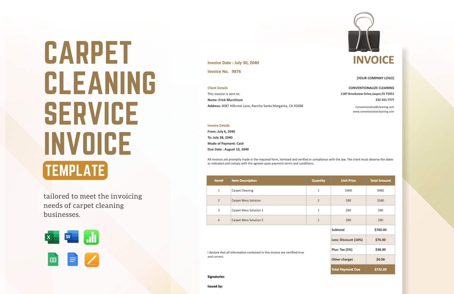 Carpet Cleaning Service Invoice Template in Word, Google Docs, Excel, Google Sheets, Apple Pages, Apple Numbers