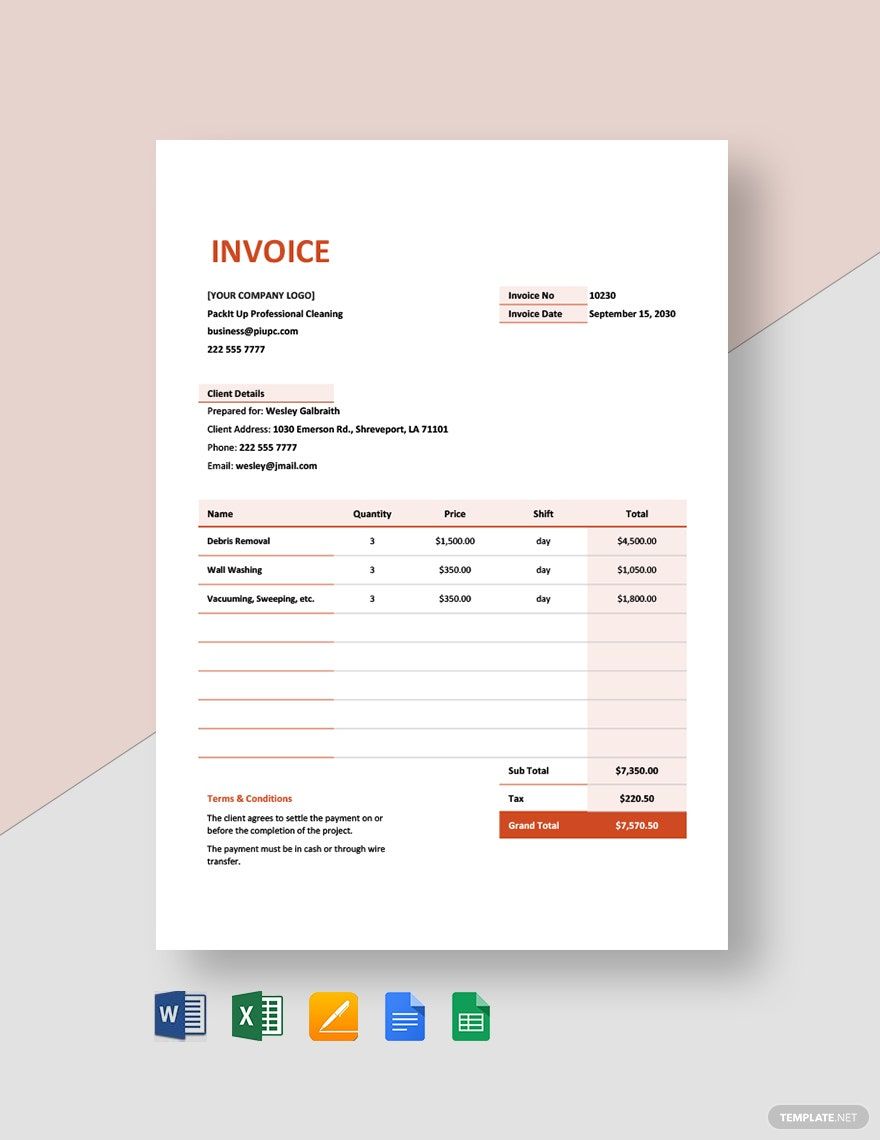 Free Cleaning Services Contract Agreement Invoice Template