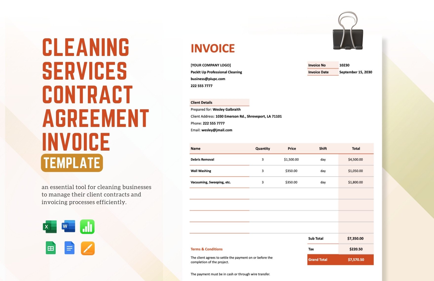 Free Cleaning Services Contract Agreement Invoice Template in Word, Google Docs, Excel, Google Sheets, Apple Pages, Apple Numbers