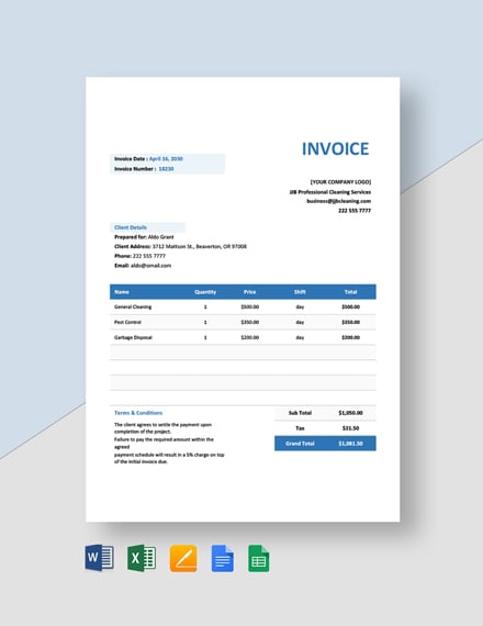 Commercial Cleaning Invoice Template - Google Docs, Google Sheets ...