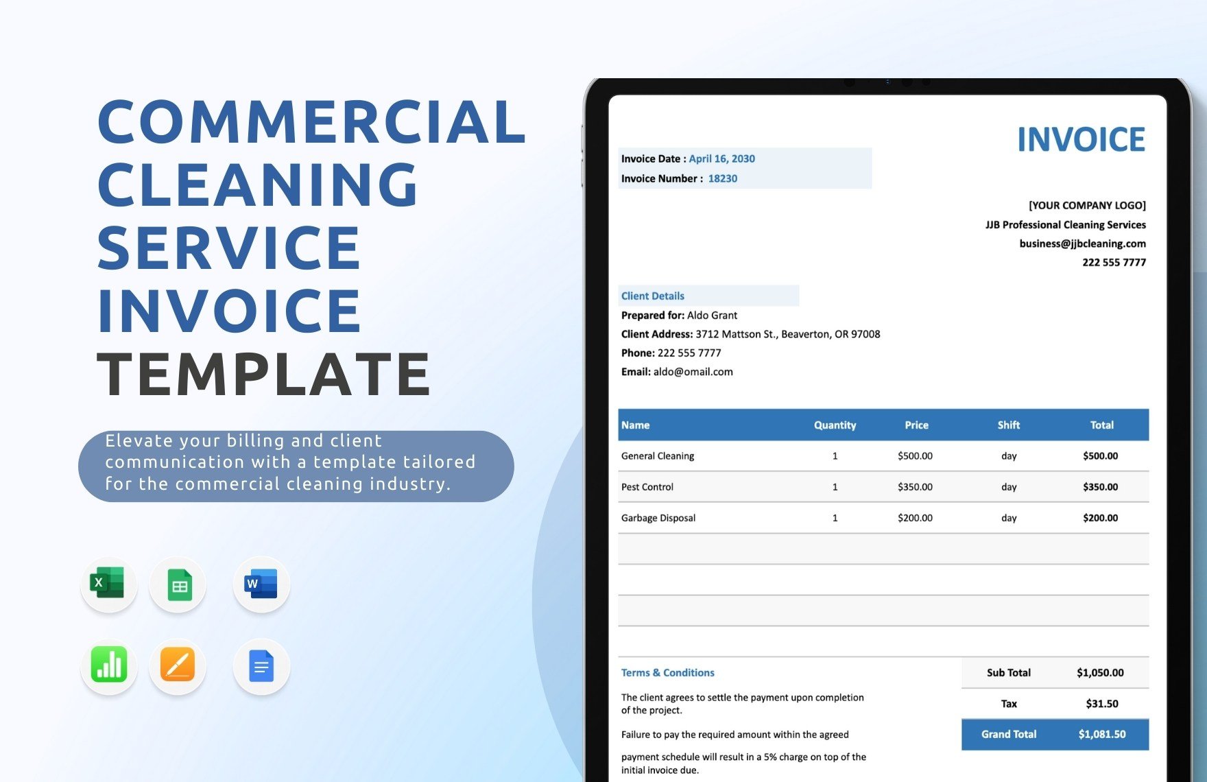 Commercial Cleaning Service Invoice Template in Word, Google Docs, Excel, Google Sheets, Apple Pages, Apple Numbers