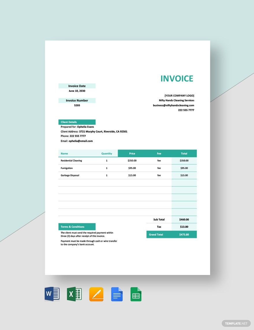Window Cleaning Service Invoice Template in Word, Google Docs, Excel, Google Sheets, Apple Pages, Apple Numbers