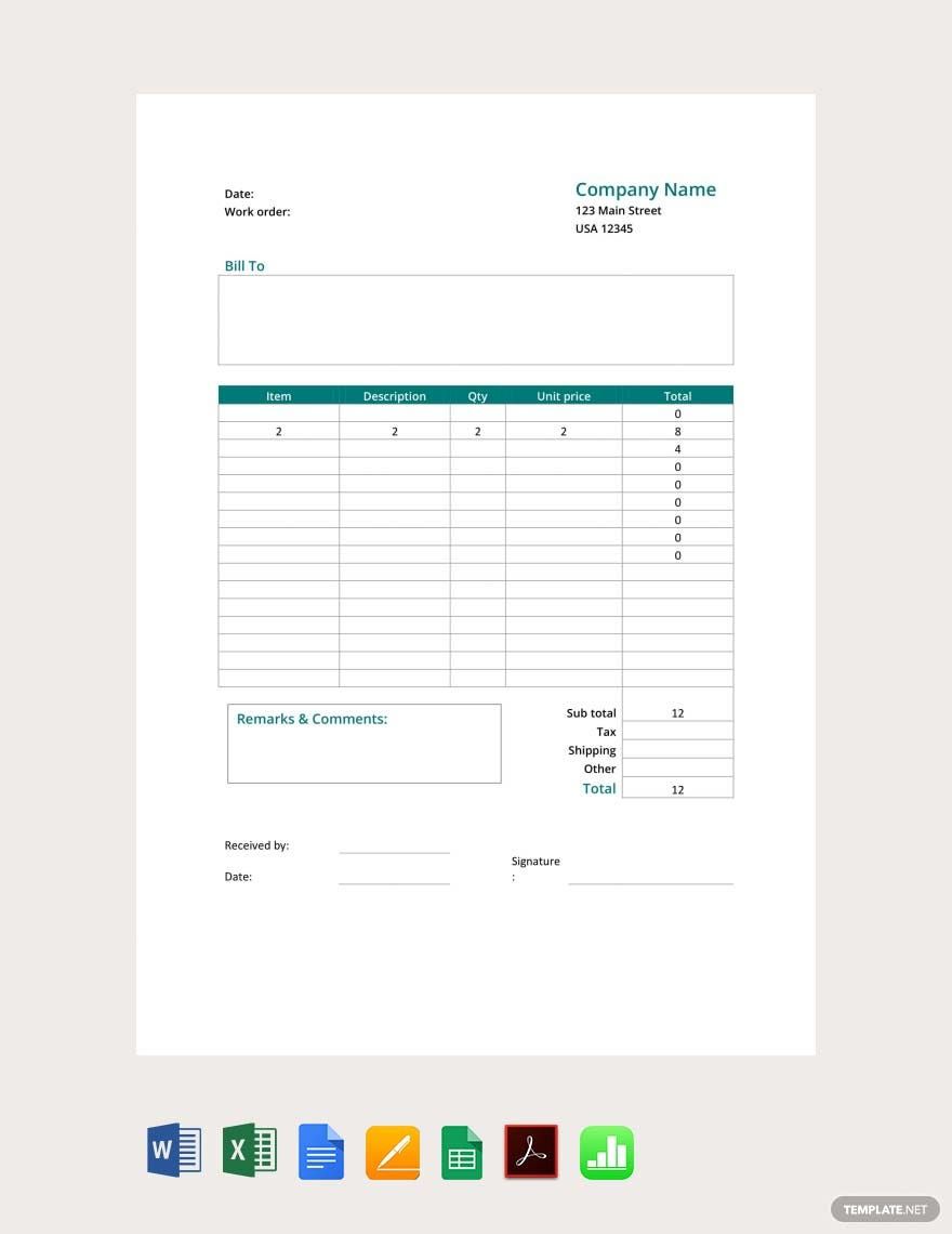 Printable Work Order Form Template in Word, Google Docs, Excel, PDF, Google Sheets, Apple Pages, Apple Numbers