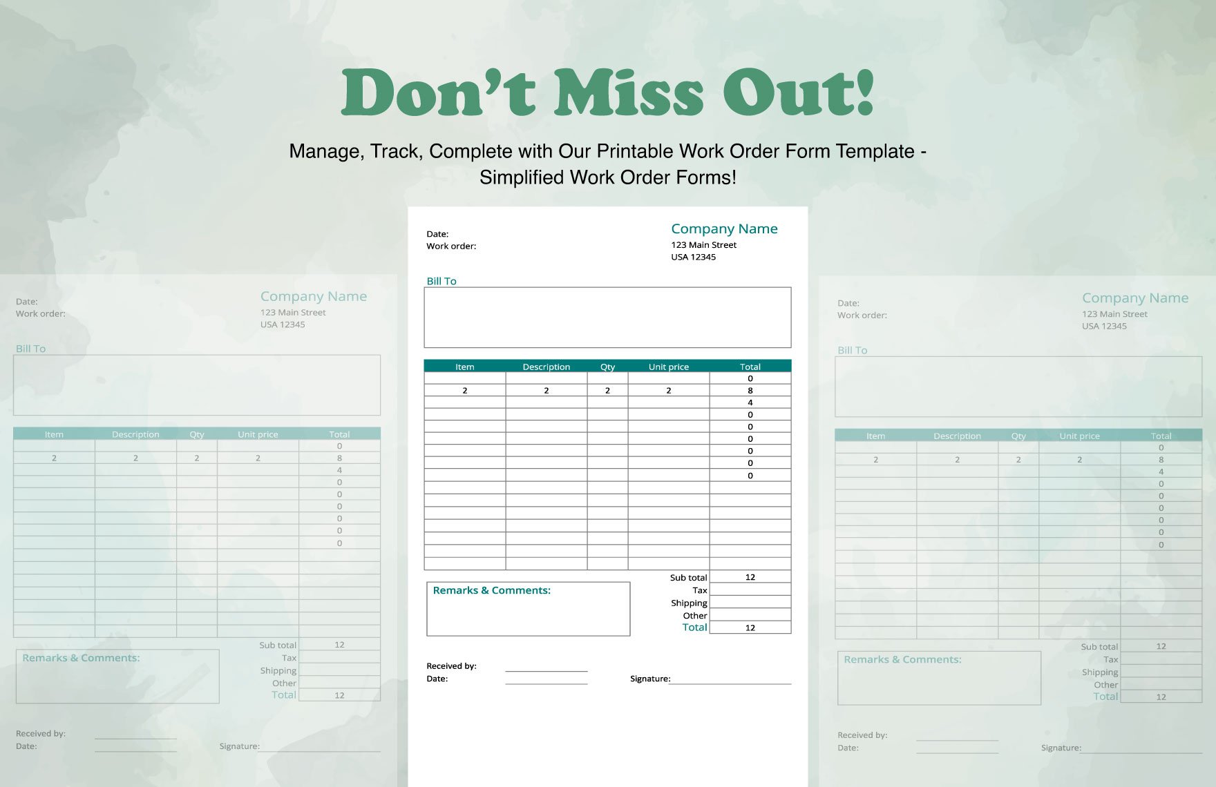 Printable Work Order Form Template