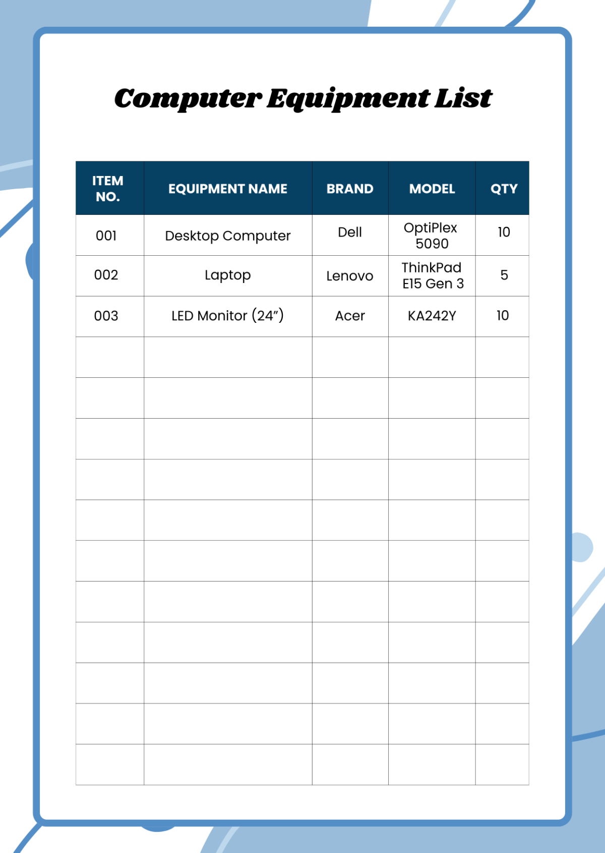 Computer Equipment List Template to Download