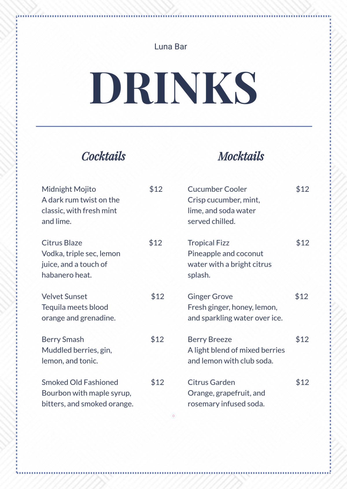 Free Simple Bar Drink Menu Template