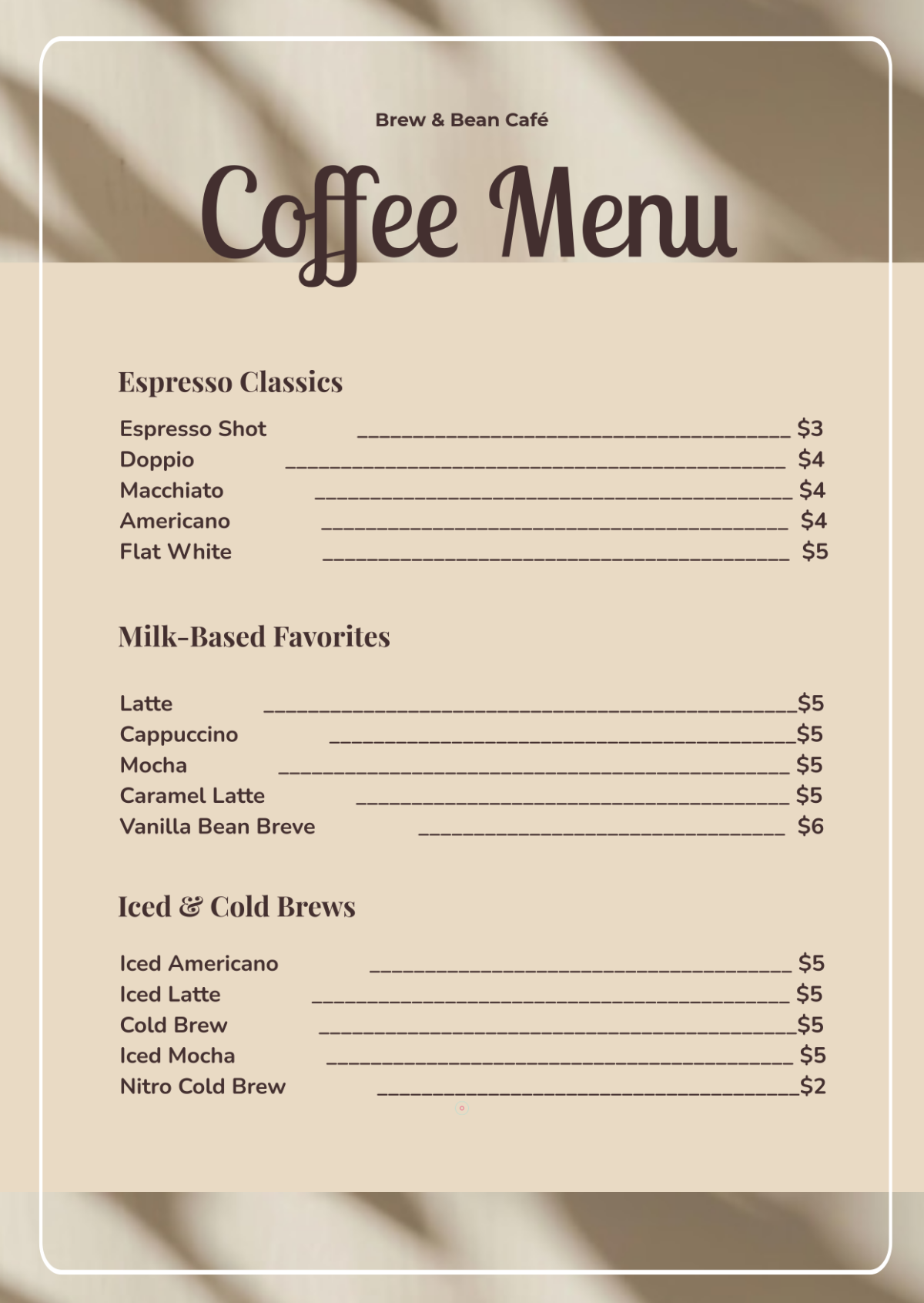 Free Coffee Drink Menu Template