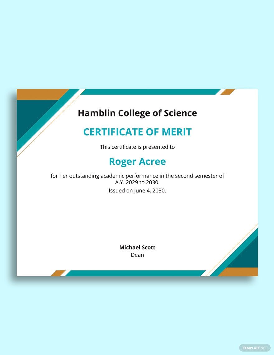 Sample Merit Award Certificate Template