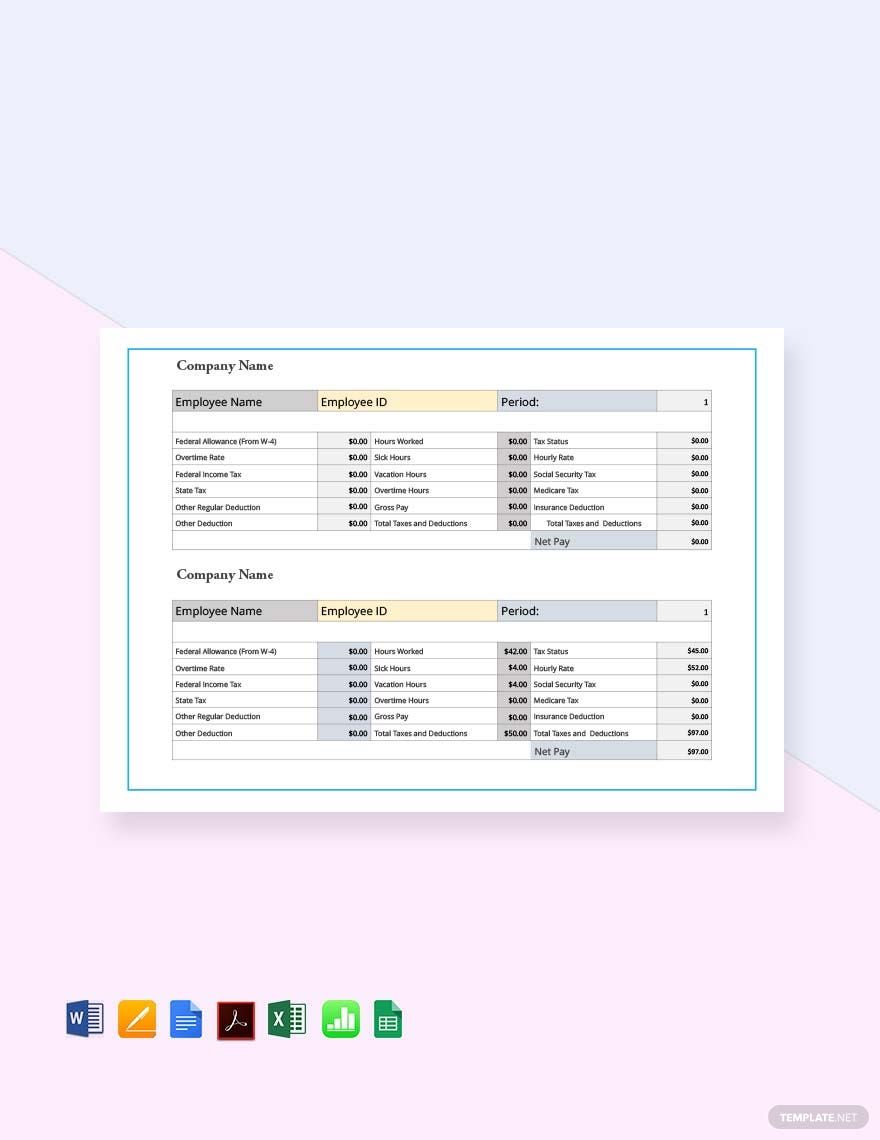 Employee Pay Stub Template - Google Sheets, Excel, Word, Apple Pages ...