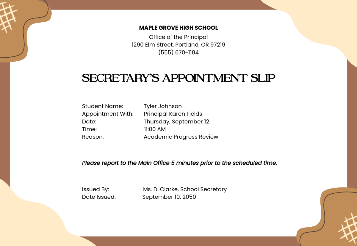 Free Secretary's Appointment Slip Template