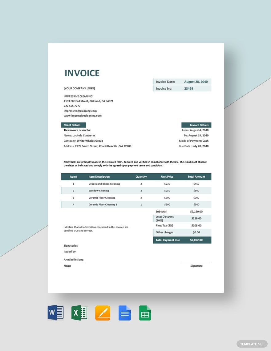 Cleaning Company Invoice Template in Excel, Word, Google Docs, Google Sheets, Pages, Apple Numbers - Download | Template.net