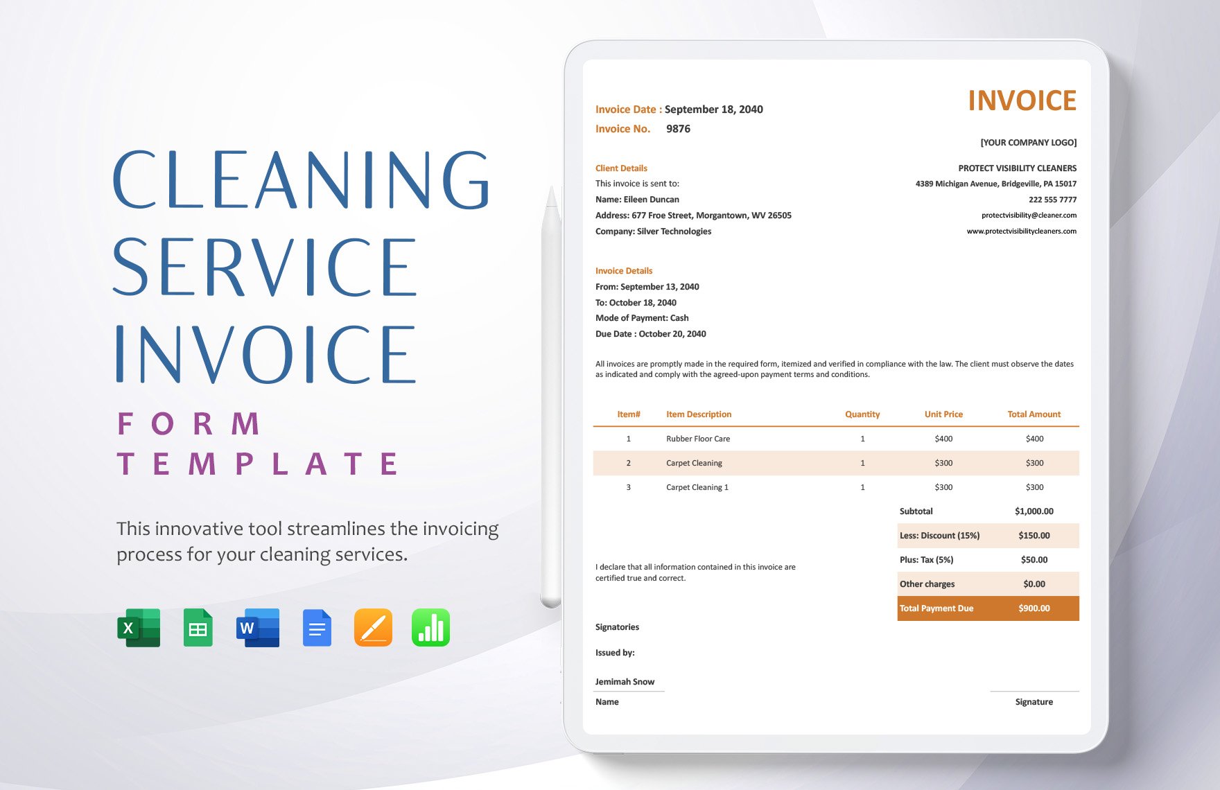 Cleaning Service Invoice Form Template in Word, Google Docs, Excel, Google Sheets, Apple Pages, Apple Numbers