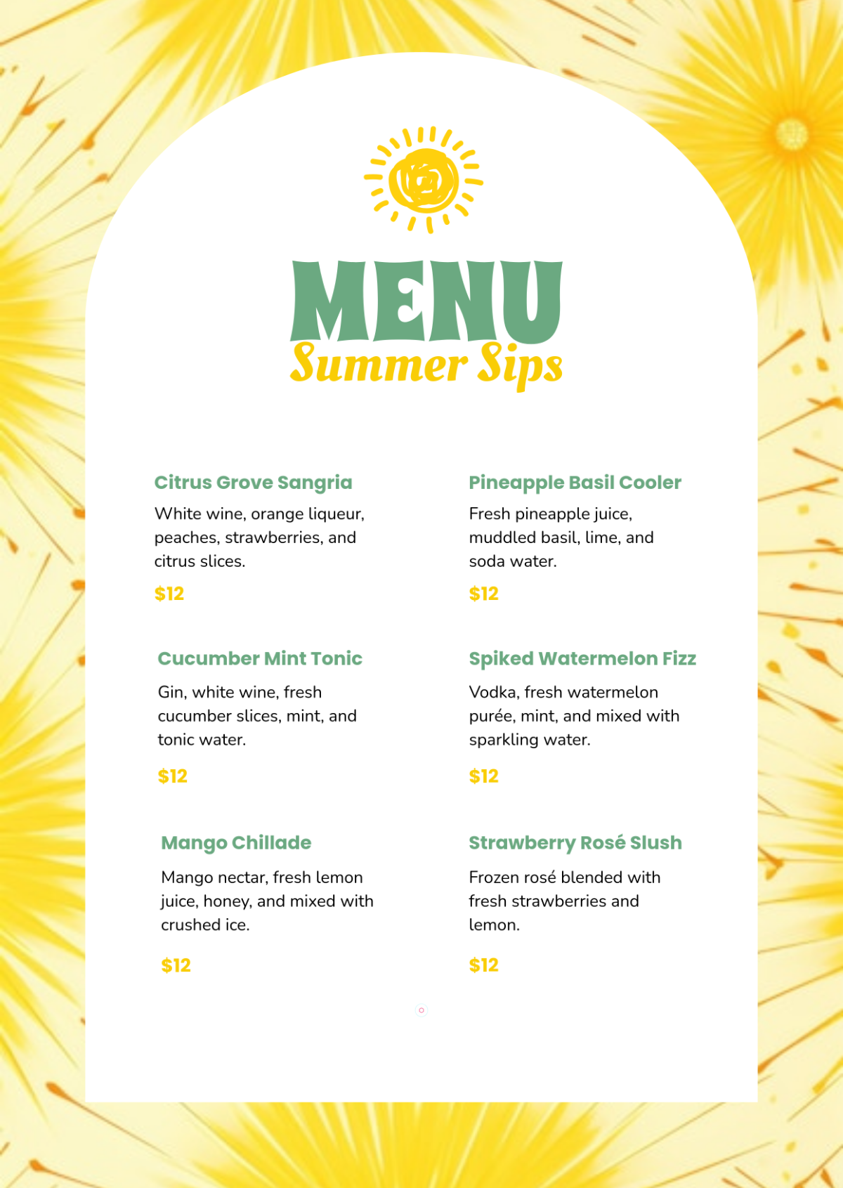 Free Summer Drink Menu Template