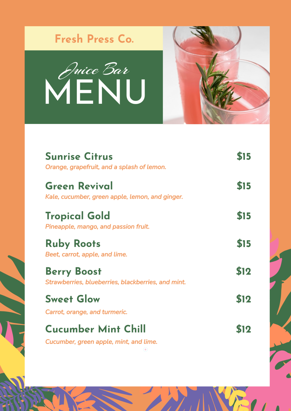Free Colorful Juice Drink Menu Template