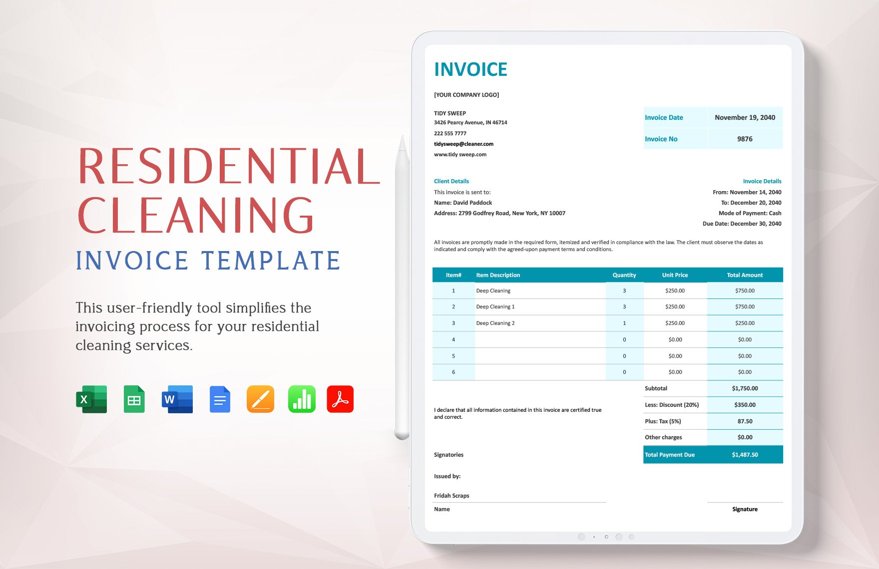 Residential Cleaning Invoice Template in Word, Google Docs, Excel, Google Sheets, Apple Pages, Apple Numbers