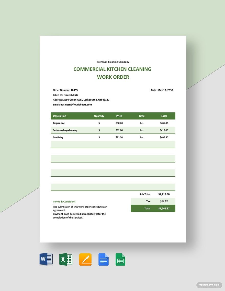 Commercial Cleaning Work Order Template in Word, Google Docs, Excel, Google Sheets, Apple Pages, Apple Numbers