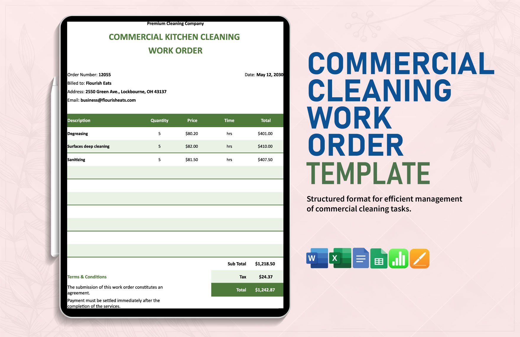 Commercial Cleaning Work Order Template in Word, Google Docs, Excel, Google Sheets, Apple Pages, Apple Numbers
