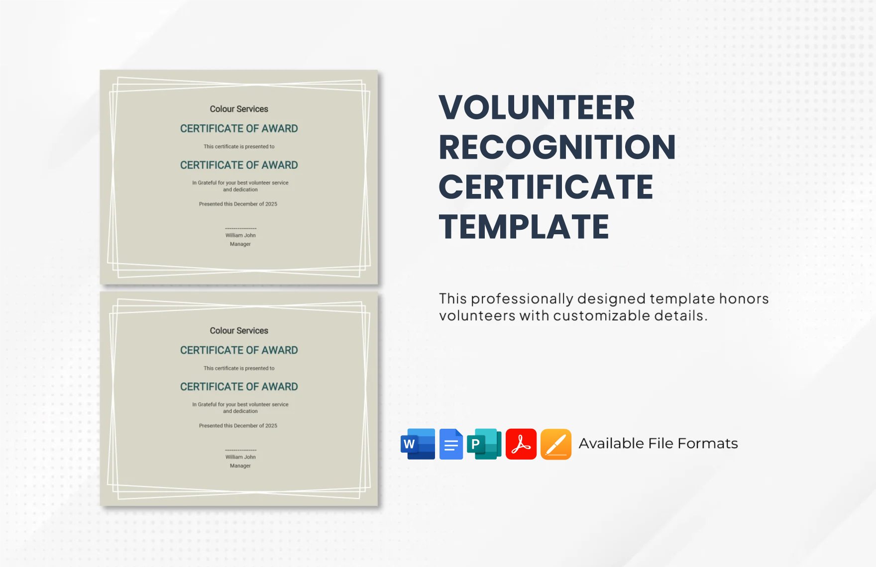 Volunteer Recognition Certificate Template Template in Word, Google Docs, PDF, Apple Pages, Publisher