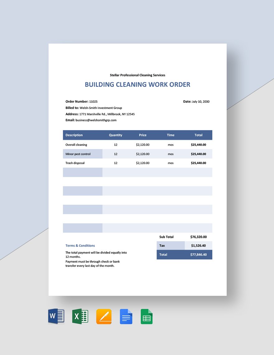 Professional Cleaning Service Order Template in Word, Google Docs, Excel, Google Sheets, Apple Pages, Apple Numbers