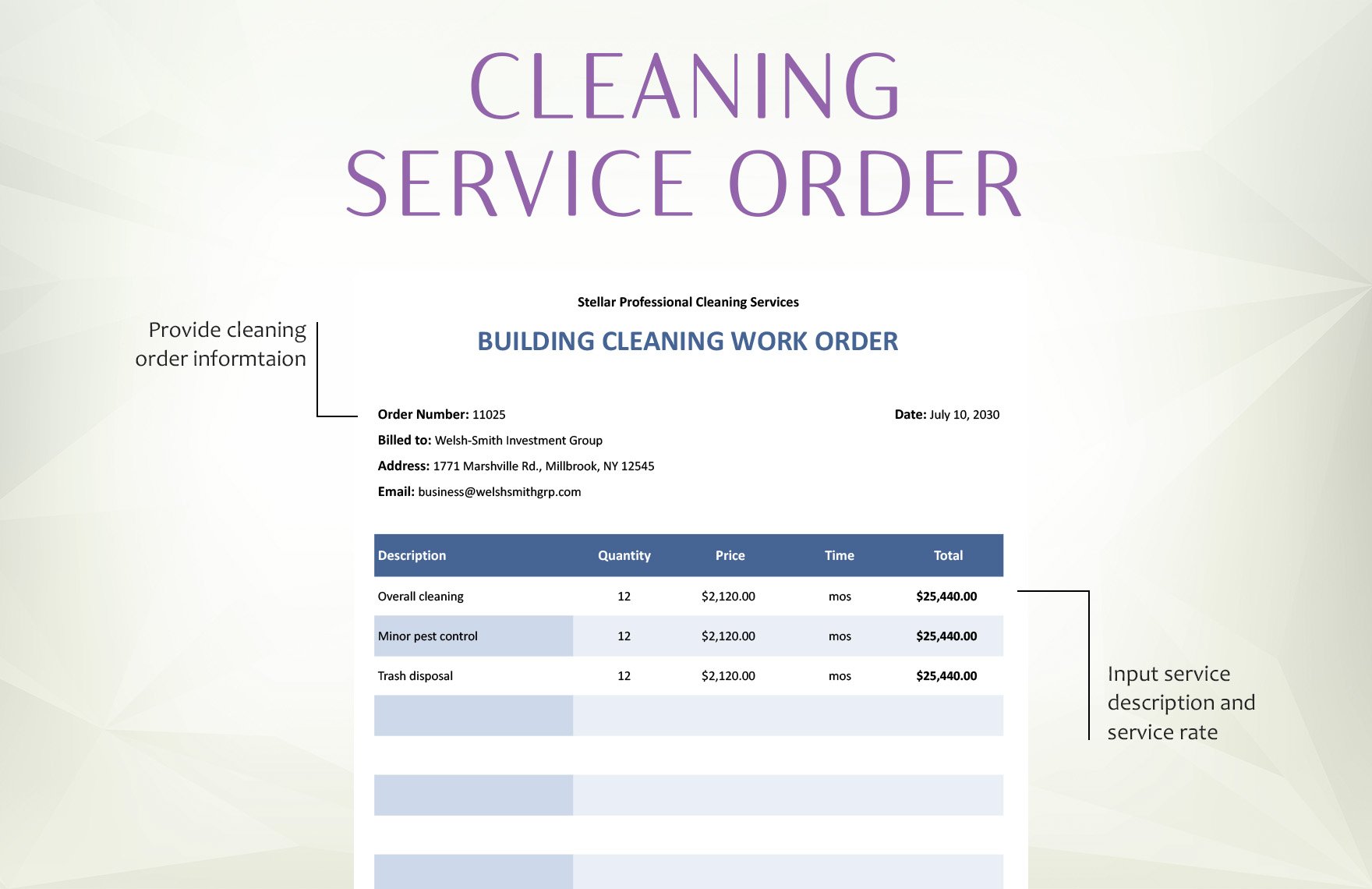 Professional Cleaning Service Order Template