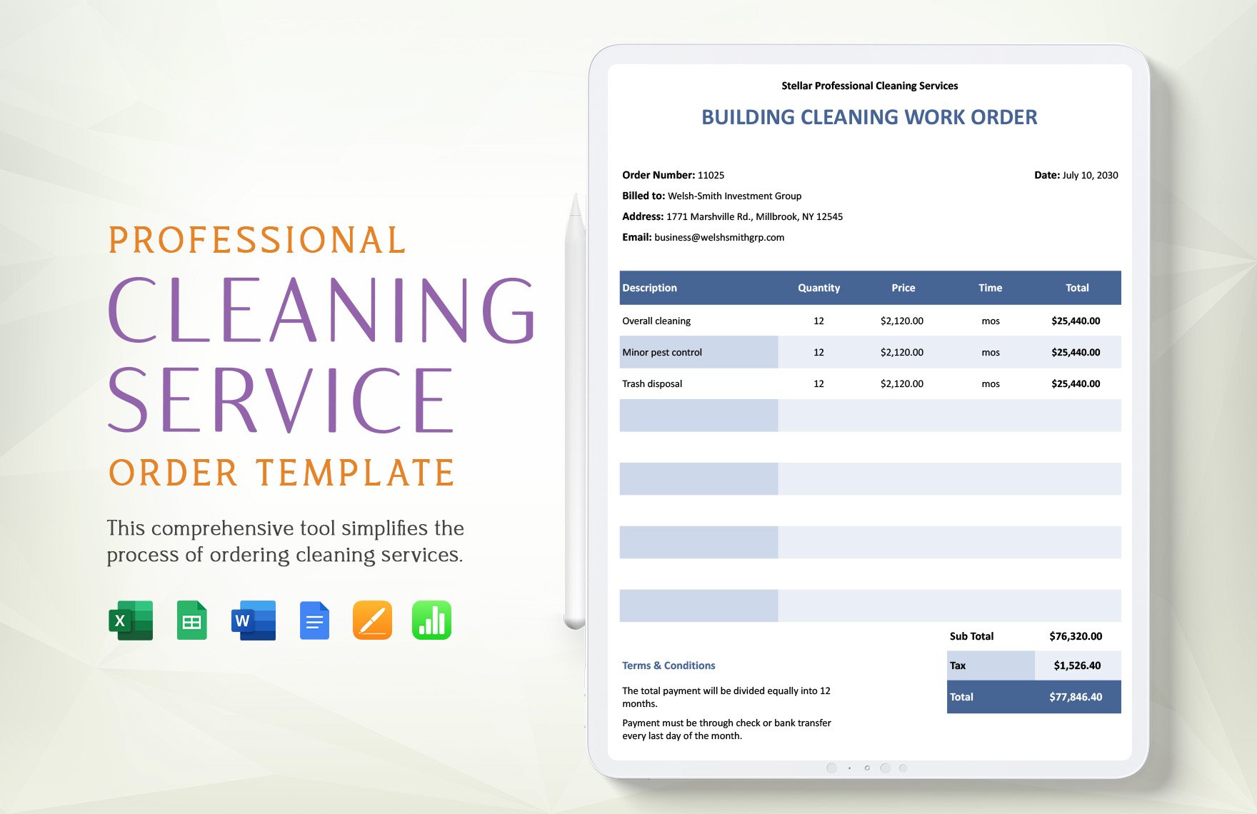 Free Professional Cleaning Service Order Template in Word, Google Docs, Excel, Google Sheets, Apple Pages, Apple Numbers