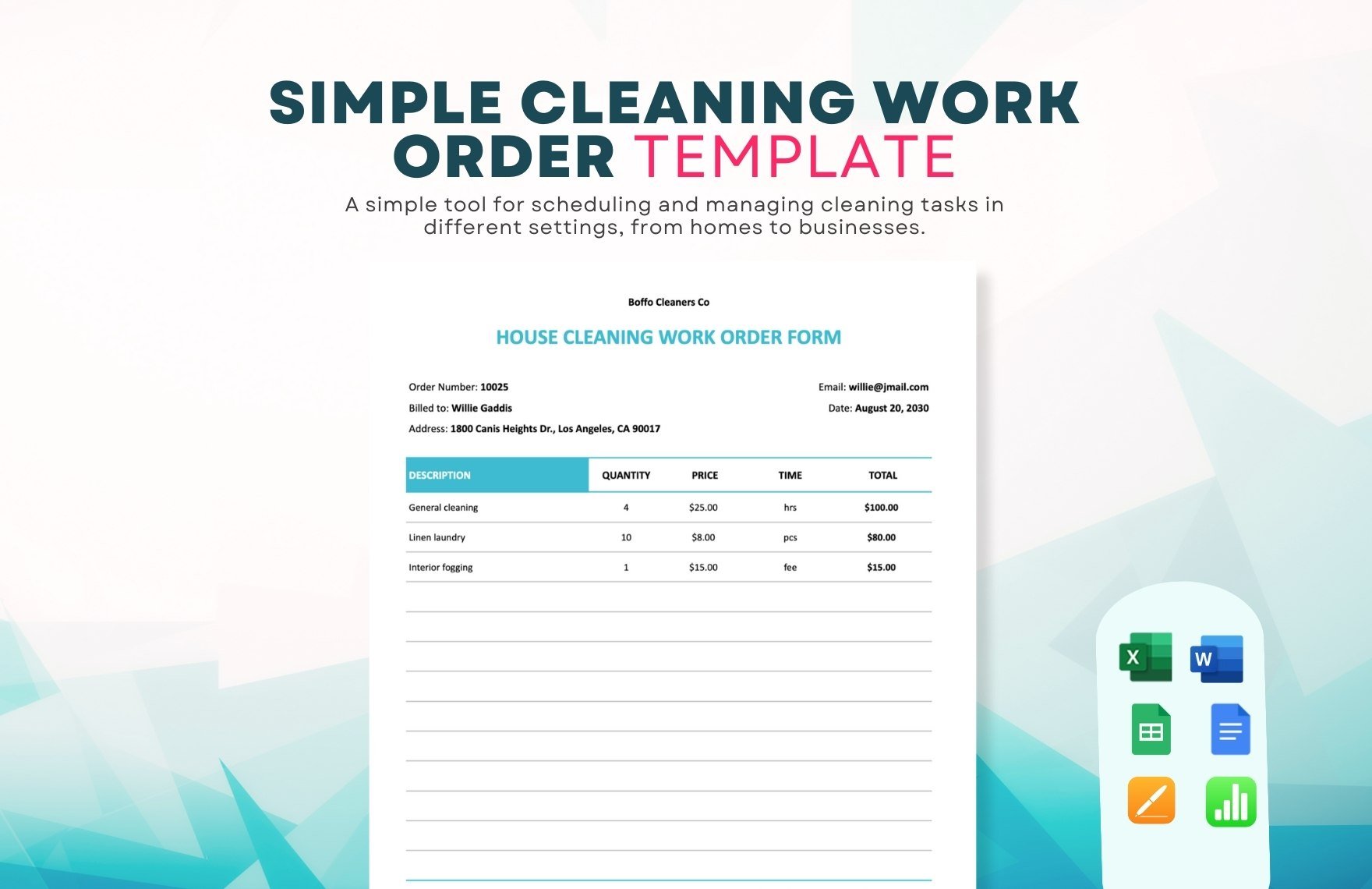 Free Simple Cleaning Work Order Template in Word, Google Docs, Excel, Google Sheets, Apple Pages, Apple Numbers