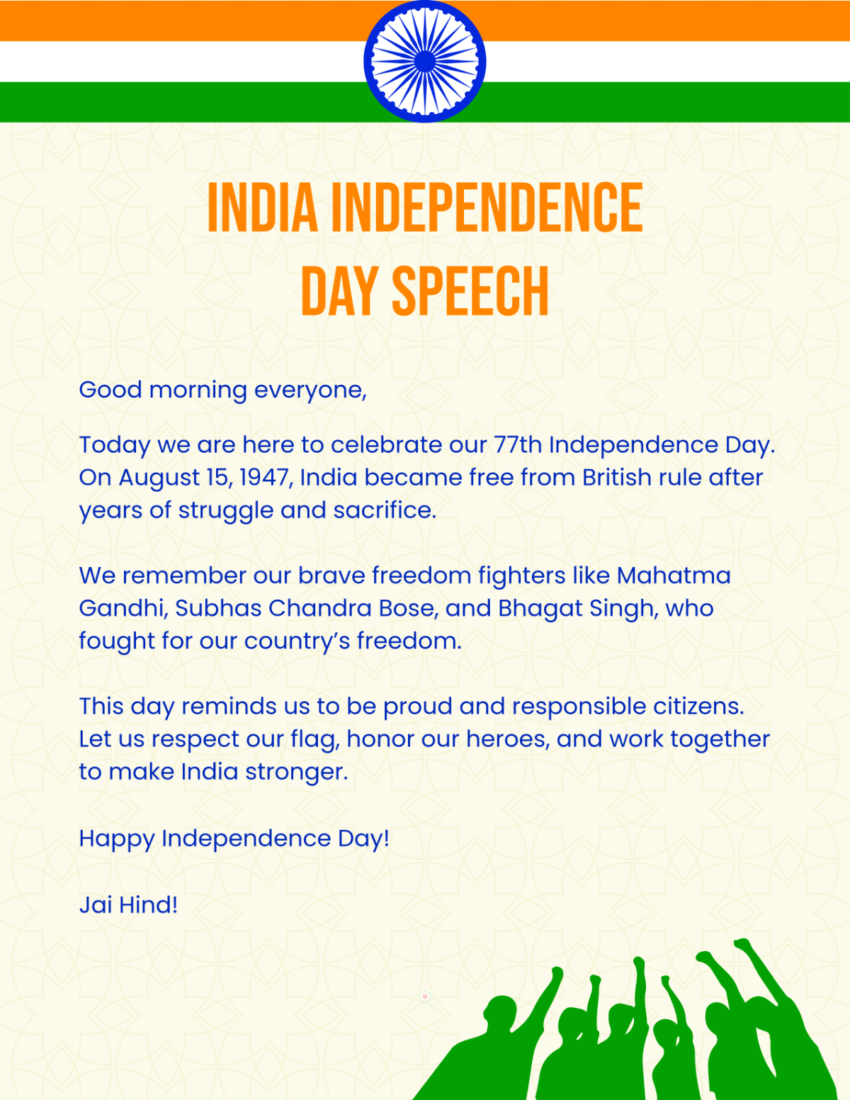 Free India Independence Day School Speech Template