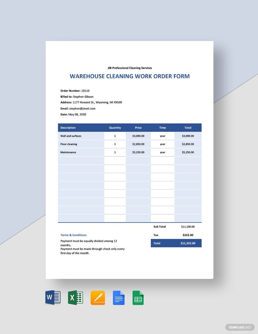 Cleaning Service Work Order Template in Word, Google Docs, Excel, Google Sheets, Apple Pages, Apple Numbers
