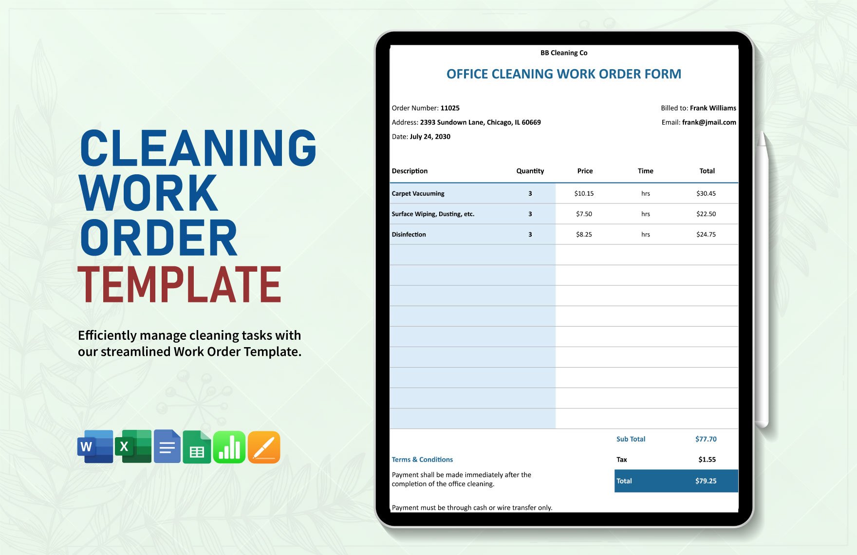 Cleaning Work Order Template in Word, Google Docs, Excel, Google Sheets, Apple Pages, Apple Numbers