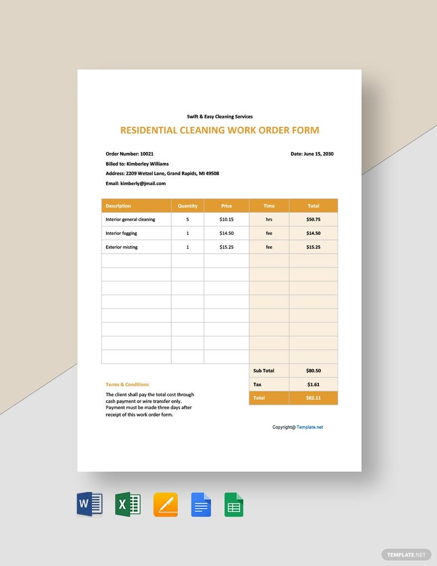 Residential Cleaning Work Order Template in Word, Google Docs, Excel, Google Sheets, Apple Pages, Apple Numbers