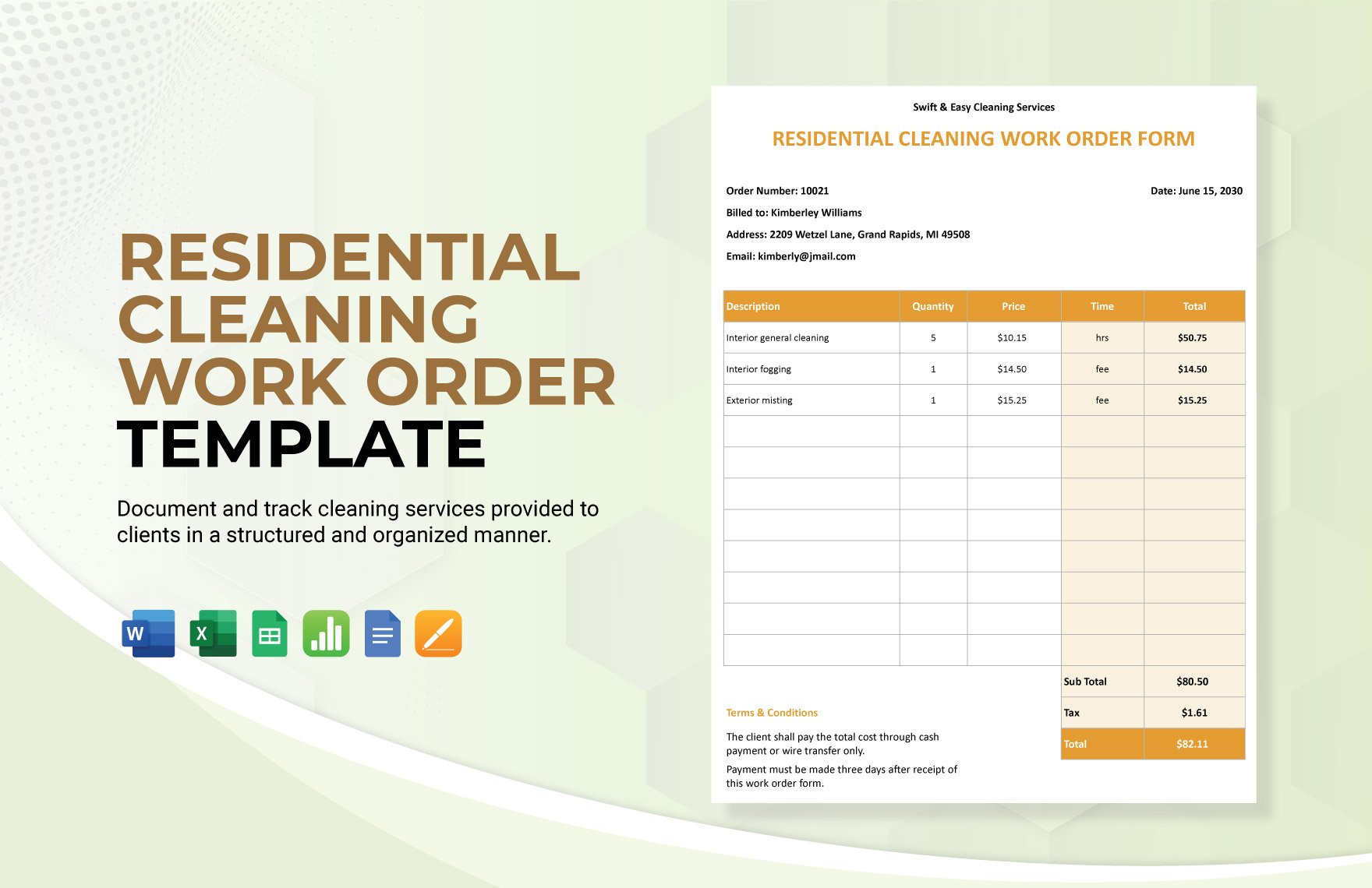 Residential Cleaning Work Order Template in Word, Google Docs, Excel, Google Sheets, Apple Pages, Apple Numbers