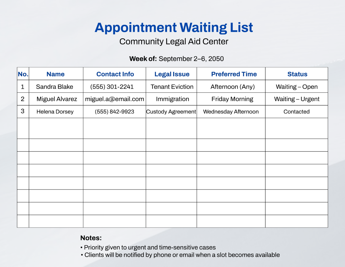 Appointment Waiting List Template