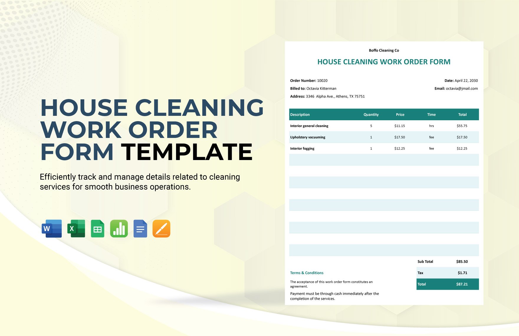 House Cleaning Work Order Form Template in Word, Google Docs, Excel, Google Sheets, Apple Pages, Apple Numbers