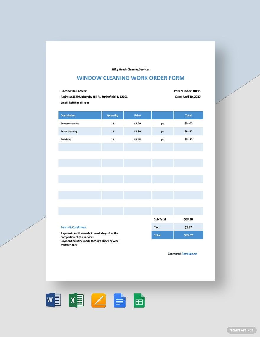 Sample Cleaning Work Order Template in Word, Google Docs, Excel, Google Sheets, Apple Pages, Apple Numbers