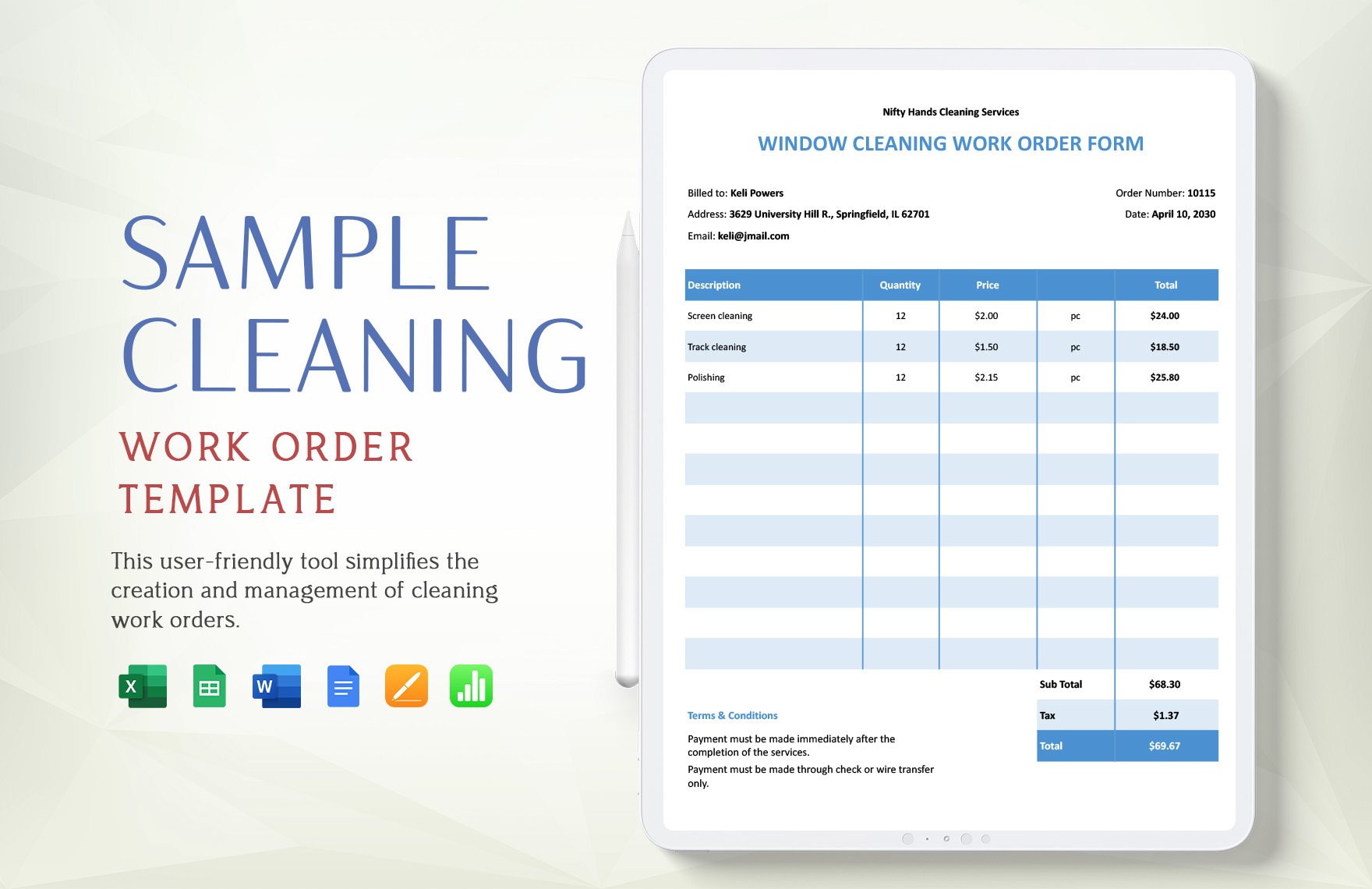 Free Sample Cleaning Work Order Template in Word, Google Docs, Excel, Google Sheets, Apple Pages, Apple Numbers