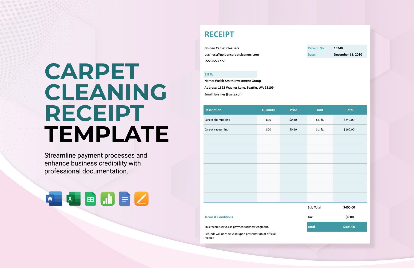 Carpet Cleaning Receipt Template in Word, Google Docs, Excel, Google Sheets, Apple Pages, Apple Numbers