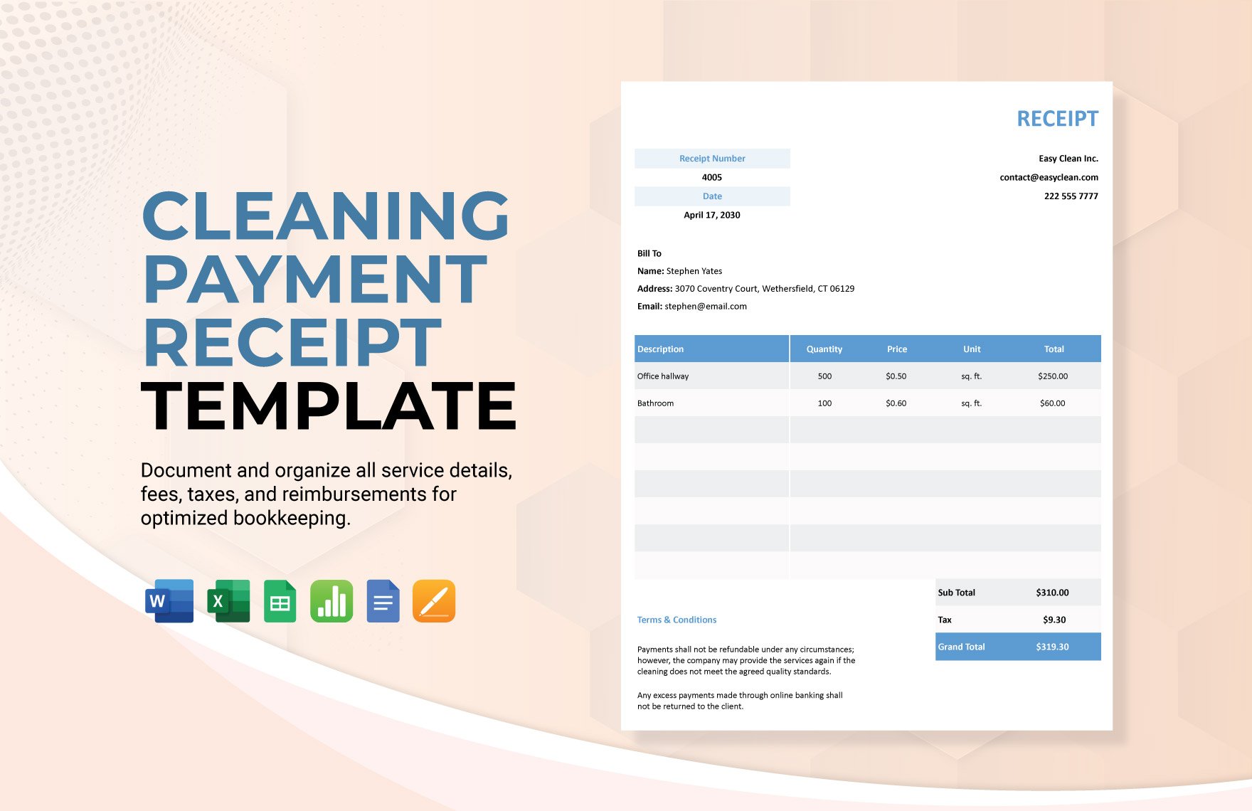 Cleaning Payment Receipt Template in Word, Google Docs, Excel, Google Sheets, Apple Pages, Apple Numbers