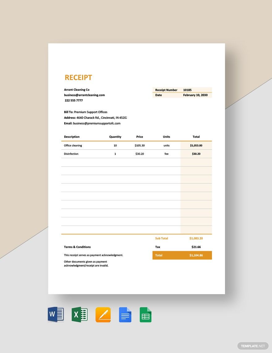Commercial Cleaning Service Receipt Template in Word, Google Docs, Excel, Google Sheets, Apple Pages, Apple Numbers