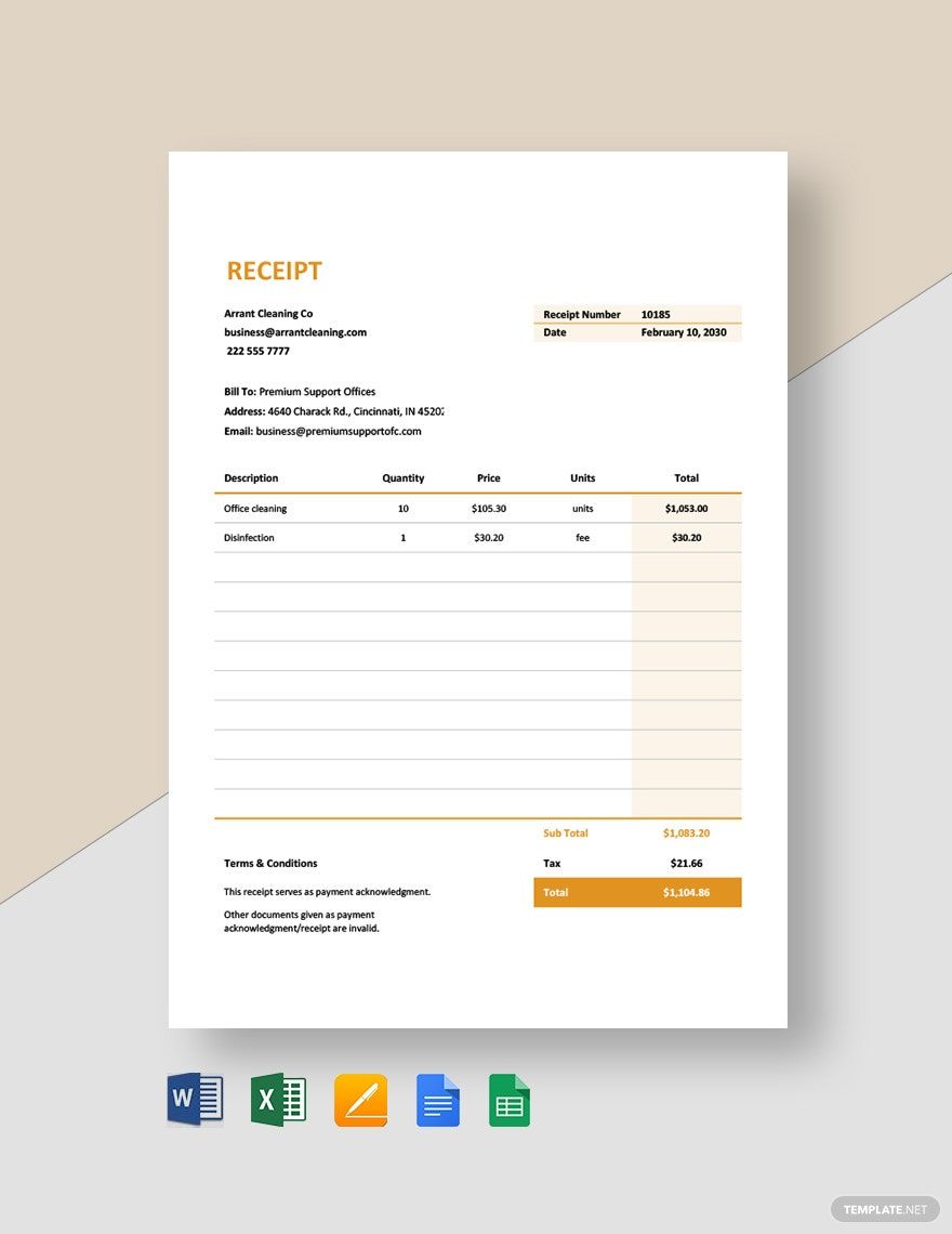 Commercial Cleaning Service Receipt Template in Google Sheets, Word, Excel, Google Docs, Pages, Apple Numbers - Download | Template.net