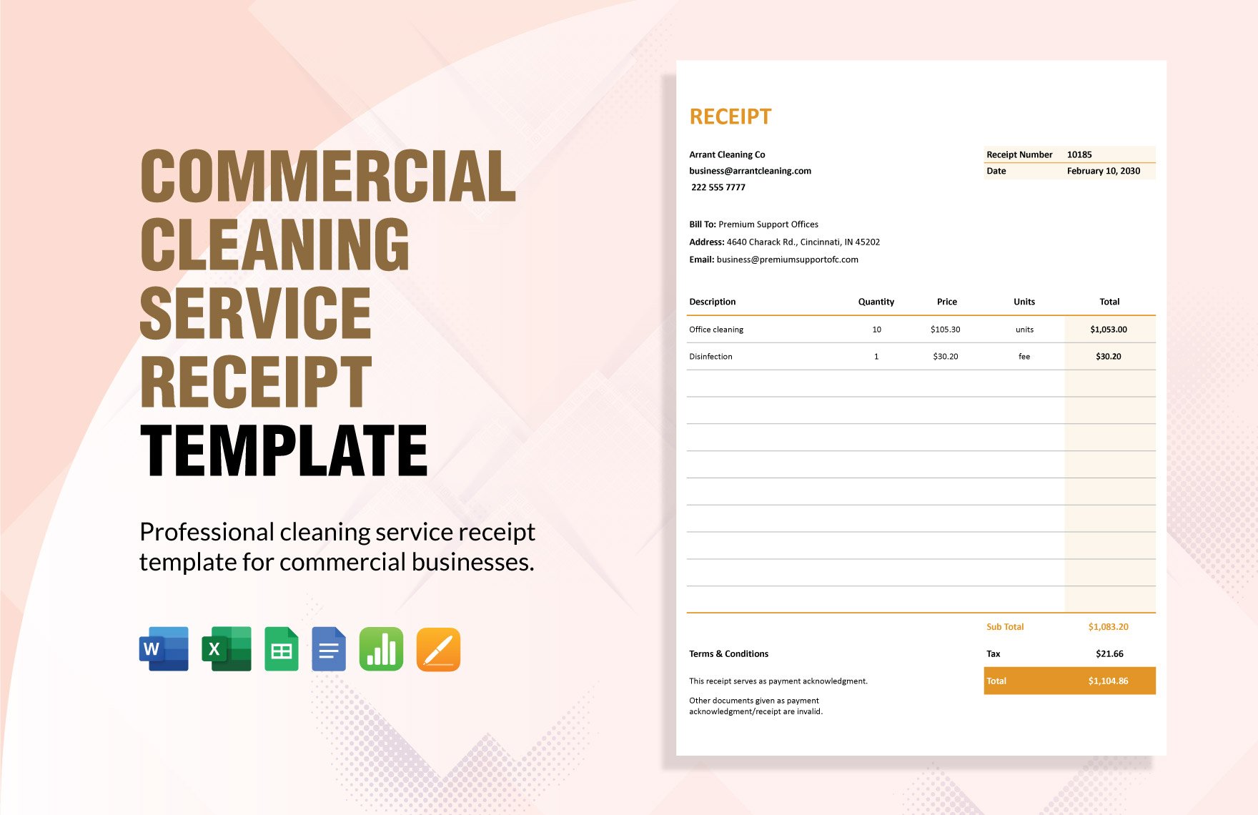 Commercial Cleaning Service Receipt Template in Word, Google Docs, Excel, Google Sheets, Apple Pages, Apple Numbers
