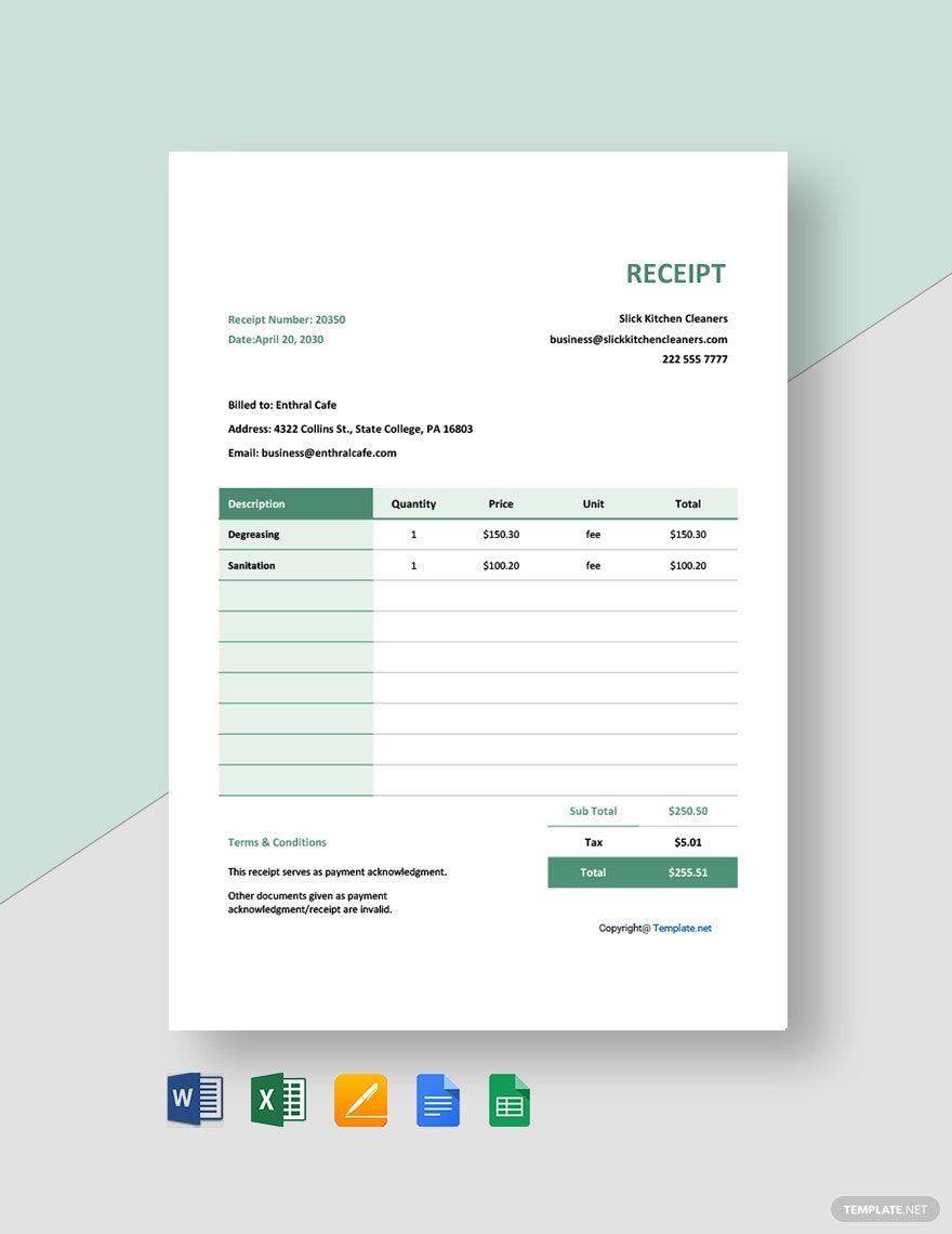 Blank Cleaning Service Receipt Template in Word, Google Docs, Excel, Google Sheets, Apple Pages, Apple Numbers