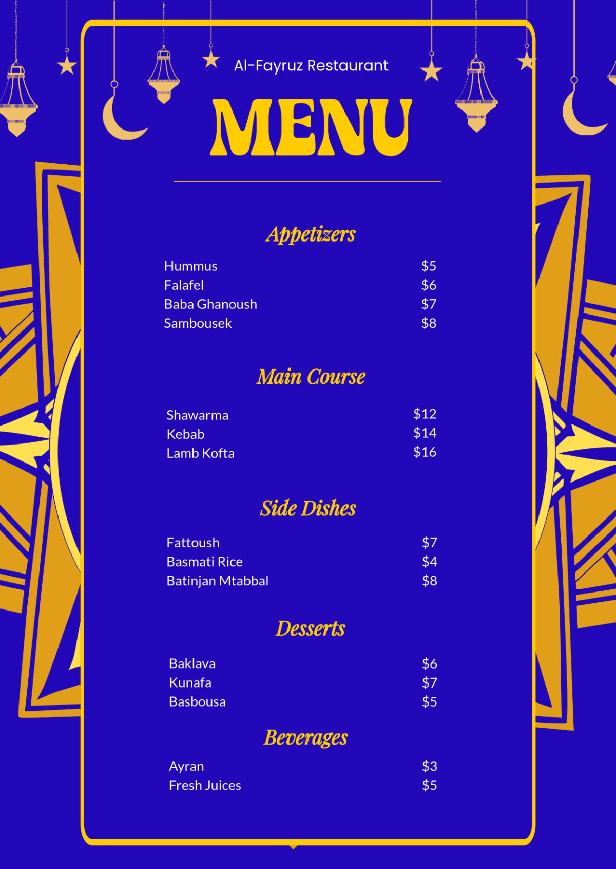 Free Arabic Restaurant Menu Template