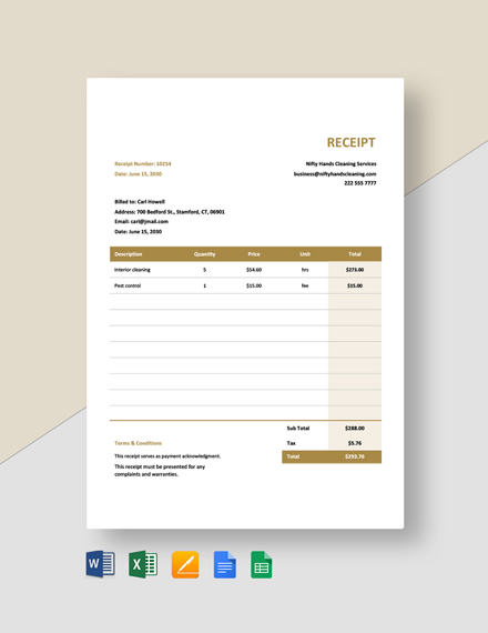 House Cleaning Receipt Template Word Excel Apple Pages Google