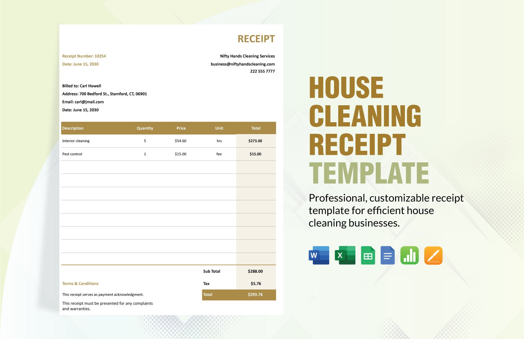 House Cleaning Receipt Template in Word, Google Docs, Excel, Google Sheets, Apple Pages, Apple Numbers